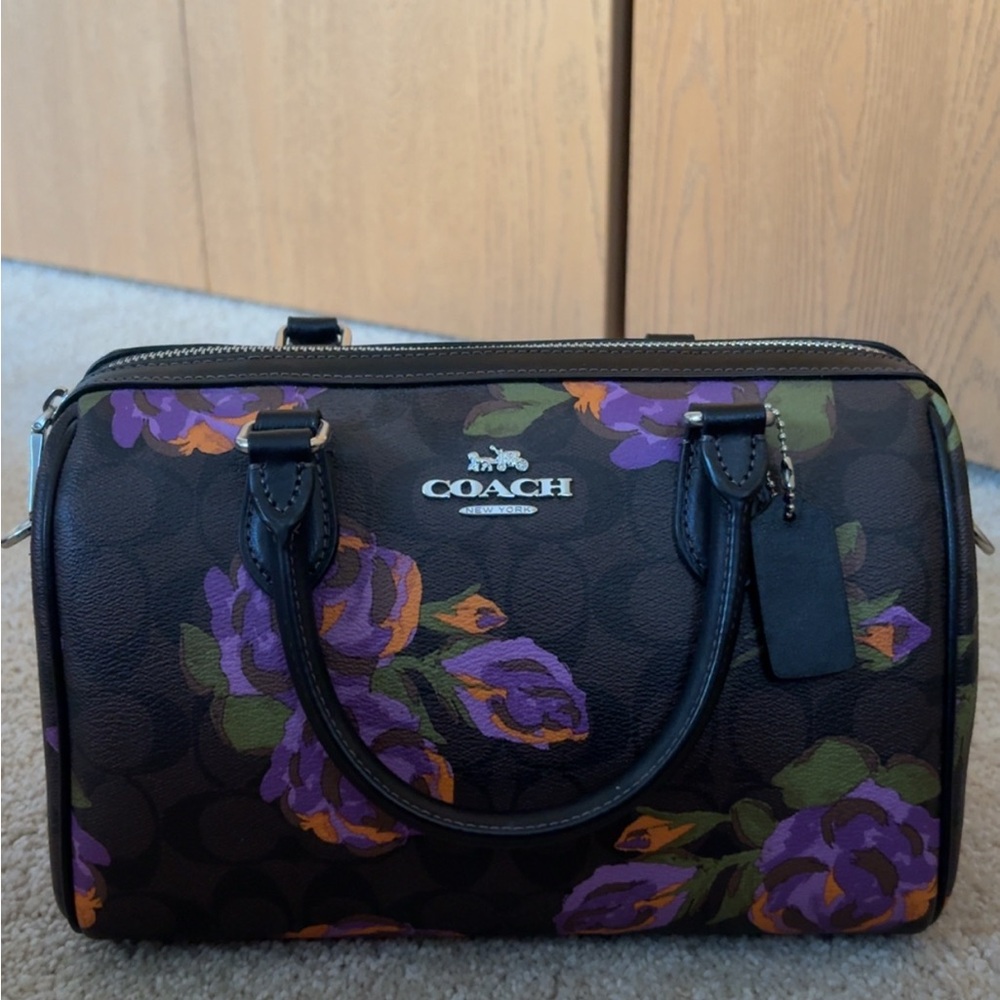 Coach Women's Rowan Satchel Bag - Black and Purple Floral